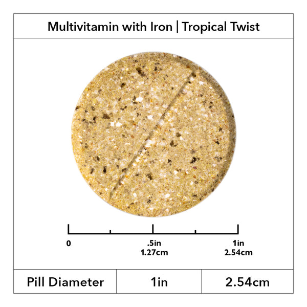 Image of NYBG Multivitamin with Iron Tropical Twist chewable showing 1 inch diameter