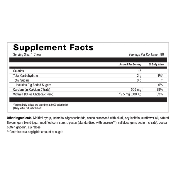 Image of NYBG Calcium Soft Chews Chocolate supplement facts
