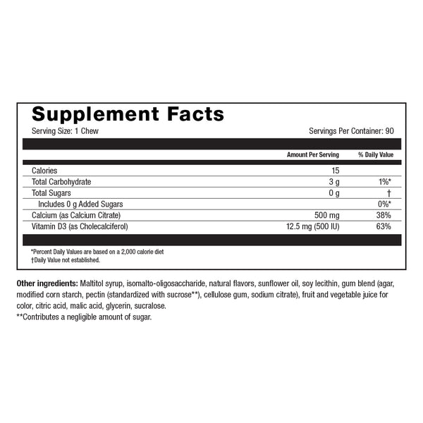Image of NYBG Calcium Soft Chews Strawberry Banana Supplement facts