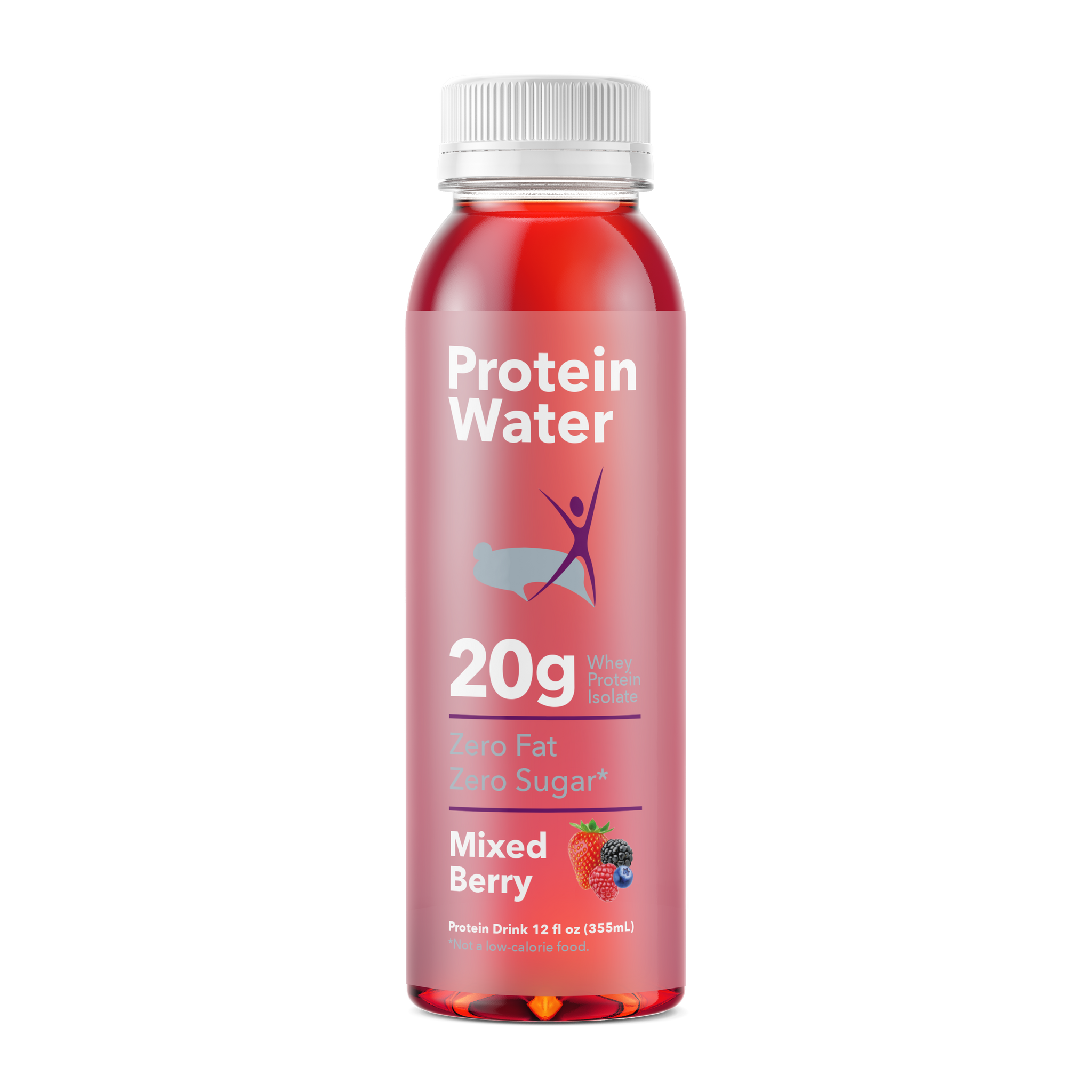 Protein water bottle with red liquid on a white background