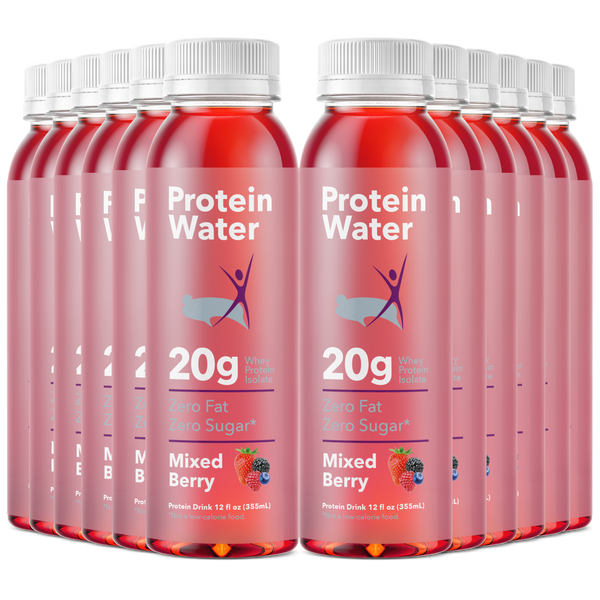 Multiple bottles of Protein Water with a red label on a white background