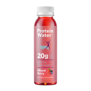 Protein water bottle with red liquid on a white background