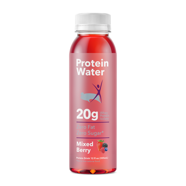 Protein water bottle with red liquid on a white background