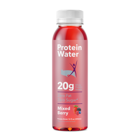Protein water bottle with red liquid on a white background