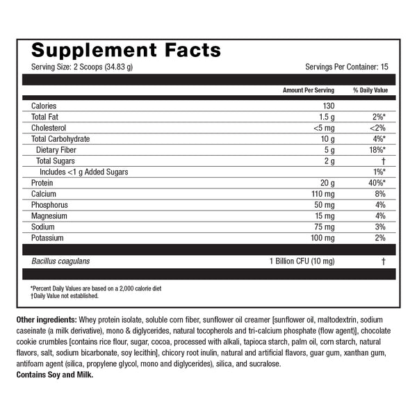 Image of NYBG Protein Powder Cookies and Cream Supplement Facts